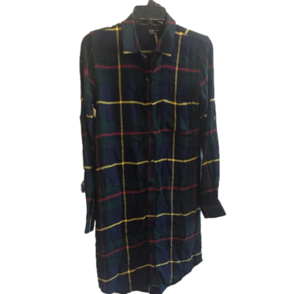 Icone Plaid Tartan Button Down Long Sleeve Collard Shirt Dress size XS